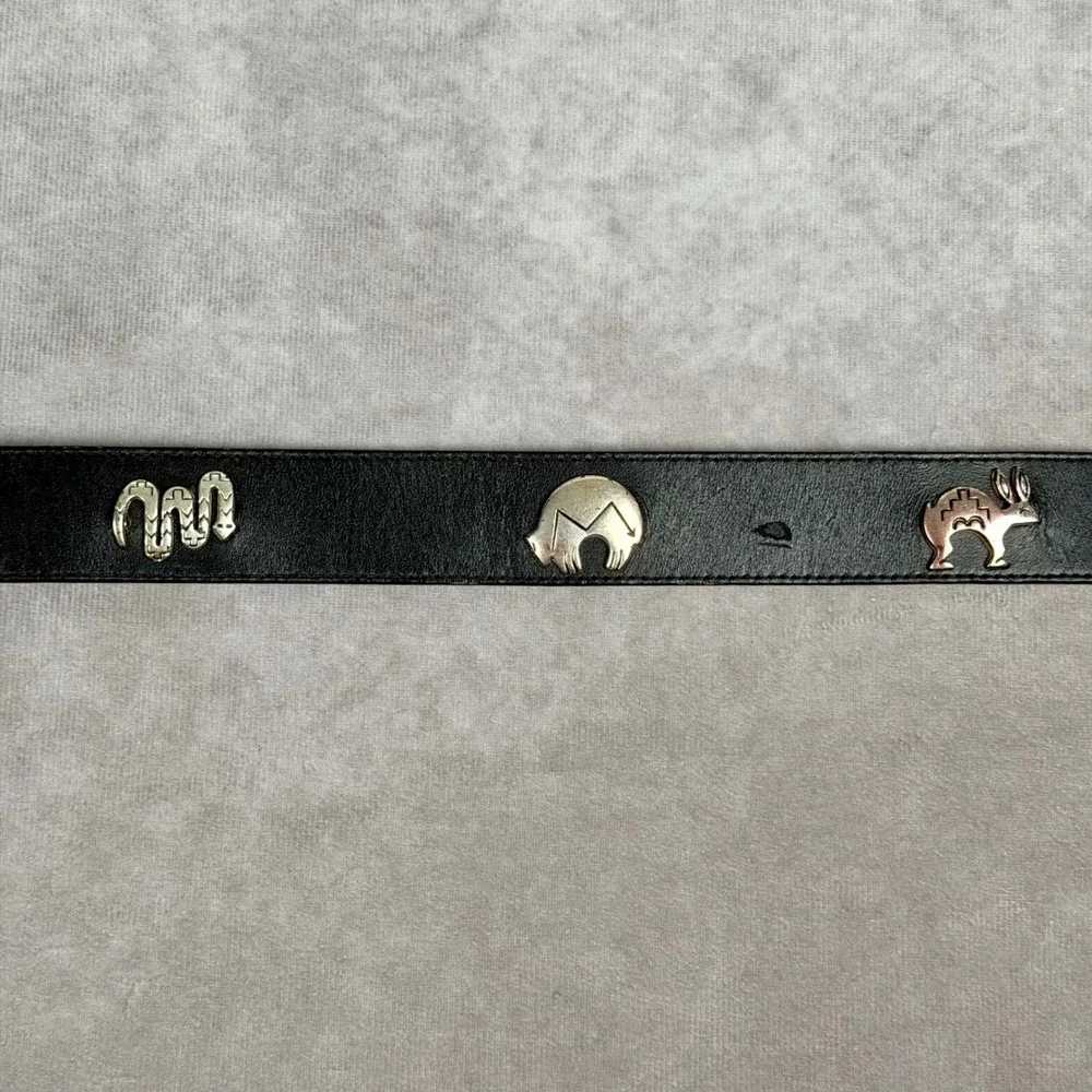 Vintage Silver Creek Black Leather Western Bull Skull Concho Belt 1990 USA Made